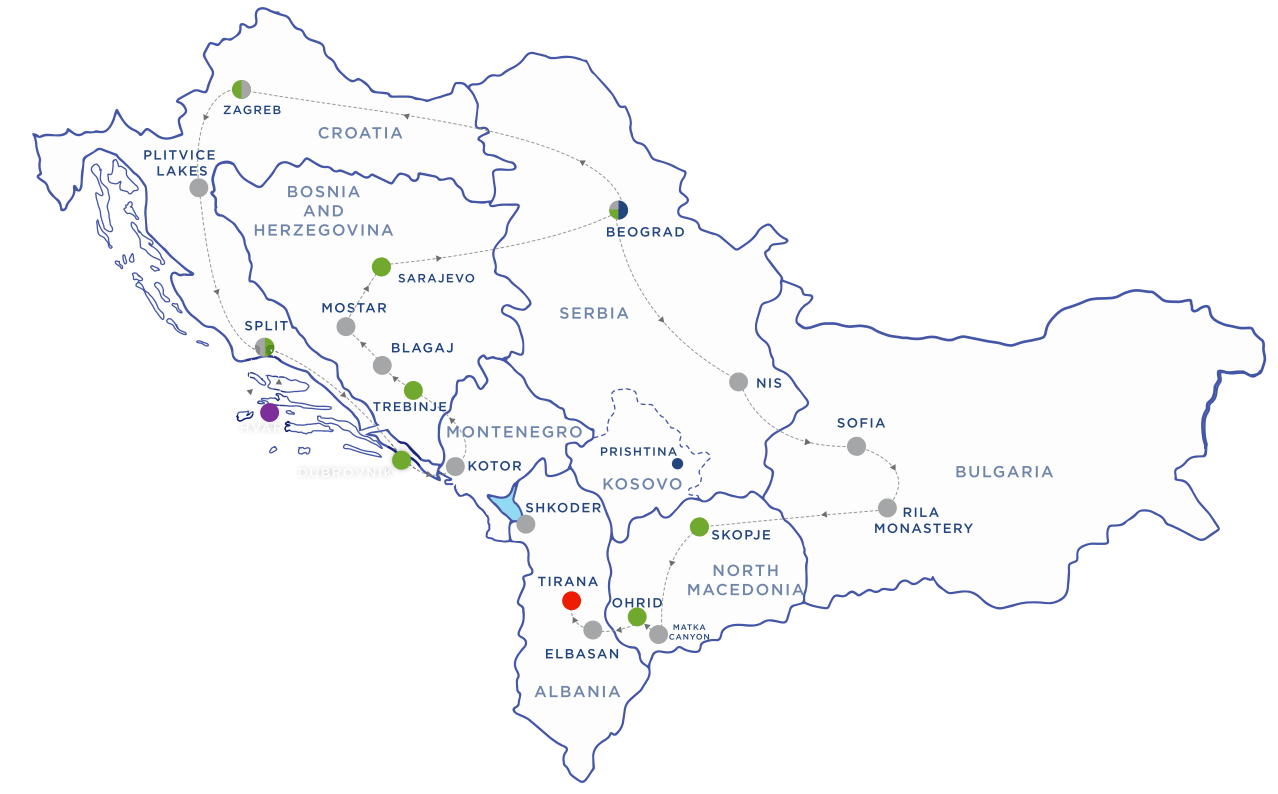 Route map for The Balkans & The Adriatic — 7 Countries in 14 Days