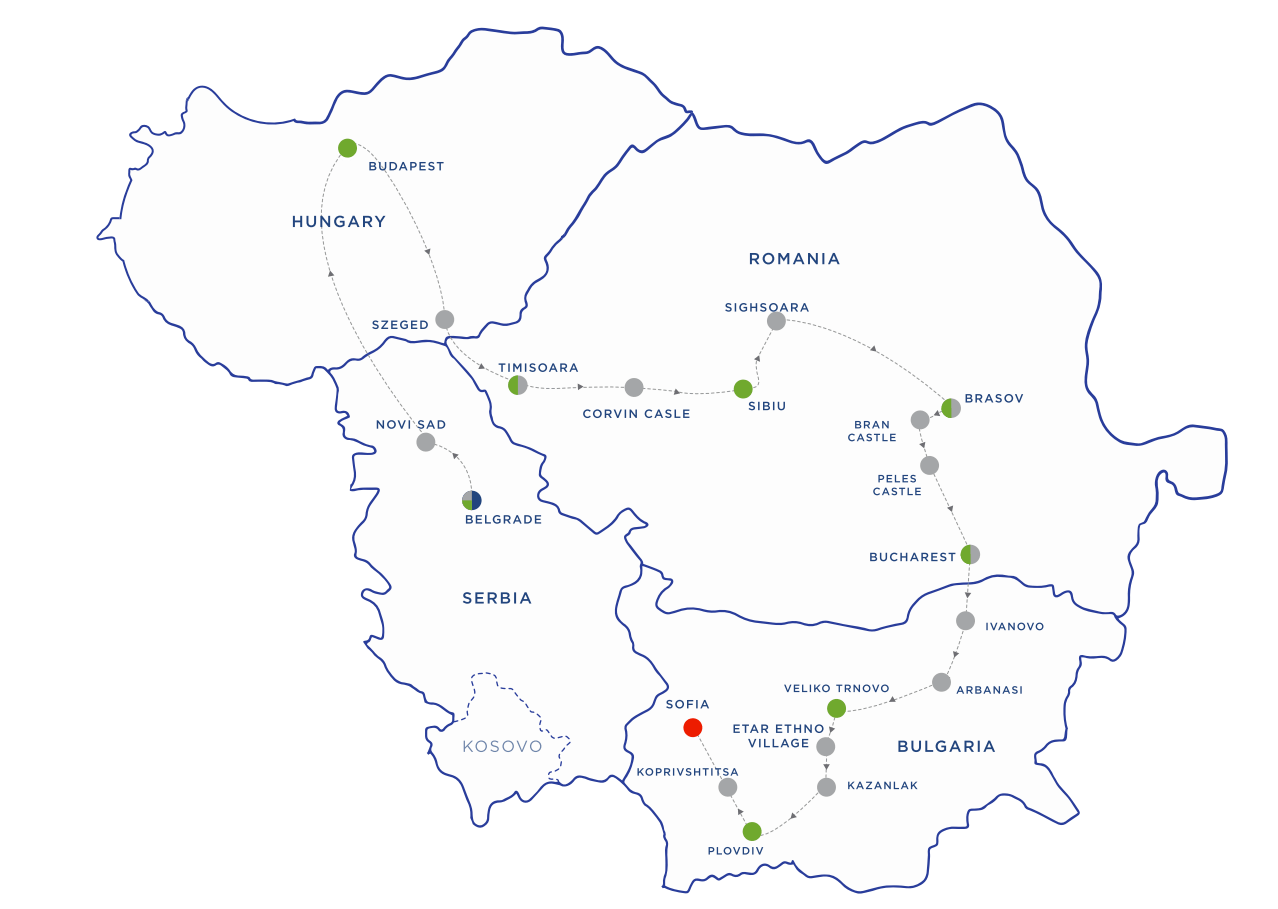 Route map for Castles & Capitals of the Balkans — 14 Days